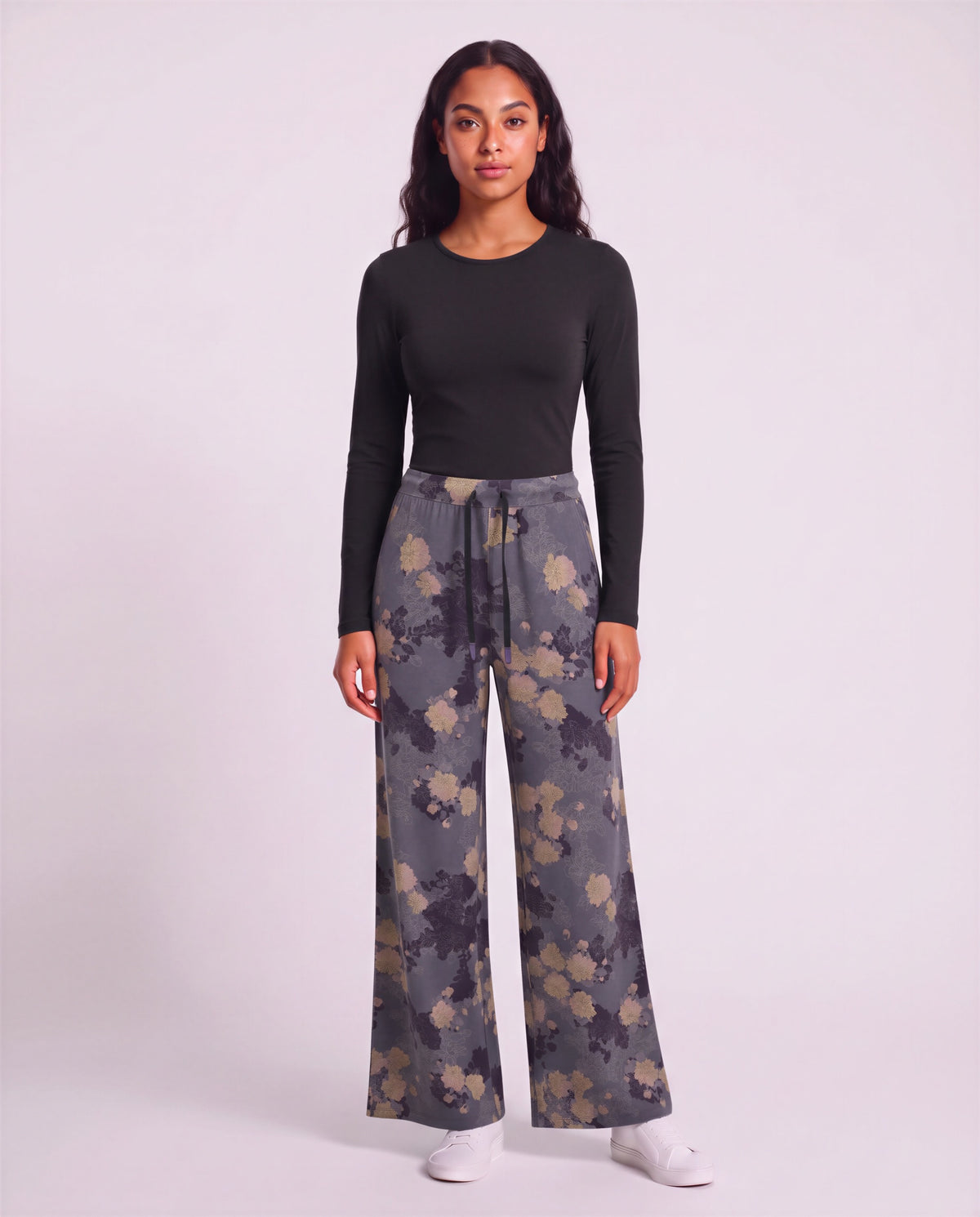 SANCHEZ LANS FLORAL BLACK WOMEN'S STRETCH KNIT DRAWSTRING PANT