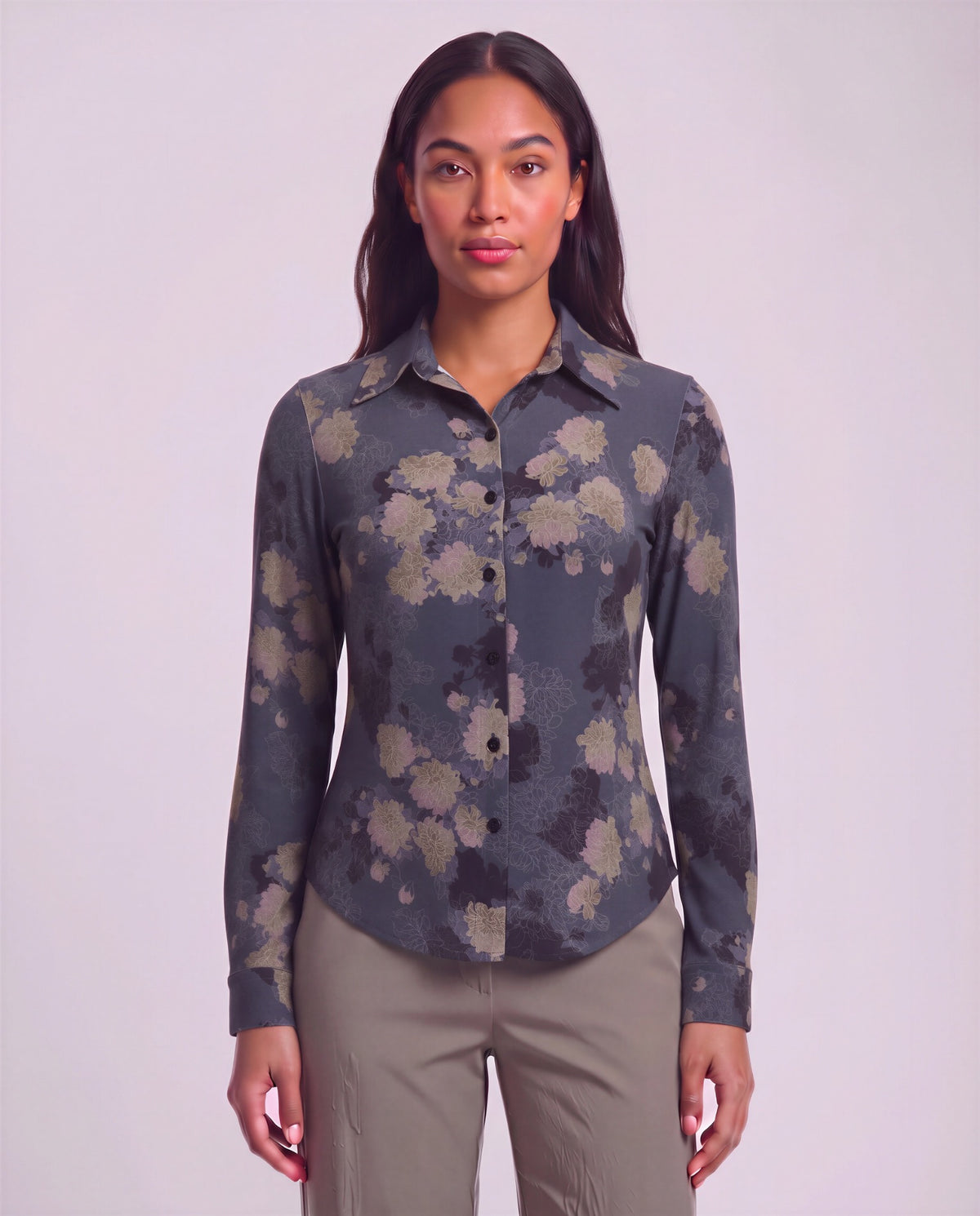 STEPHANIE LANS FLORAL BLACK WOMEN'S LYOCELL STRETCH LONG-SLEEVE SHIRT