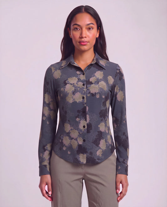 STEPHANIE LANS FLORAL BLACK WOMEN'S LYOCELL STRETCH LONG-SLEEVE SHIRT
