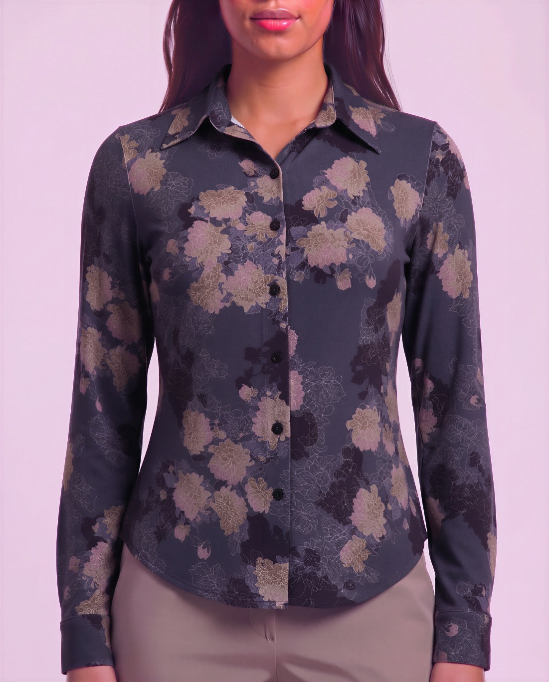 STEPHANIE LANS FLORAL BLACK WOMEN'S LYOCELL STRETCH LONG-SLEEVE SHIRT