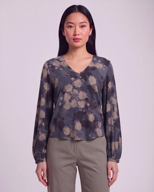 VAL LANS FLORAL BLACK WOMEN'S LYOCELL STRETCH V-NECK TOP
