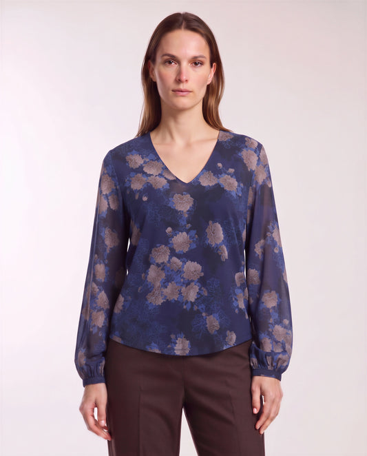 VAL LANS FLORAL NAVY WOMEN'S LYOCELL STRETCH V-NECK TOP