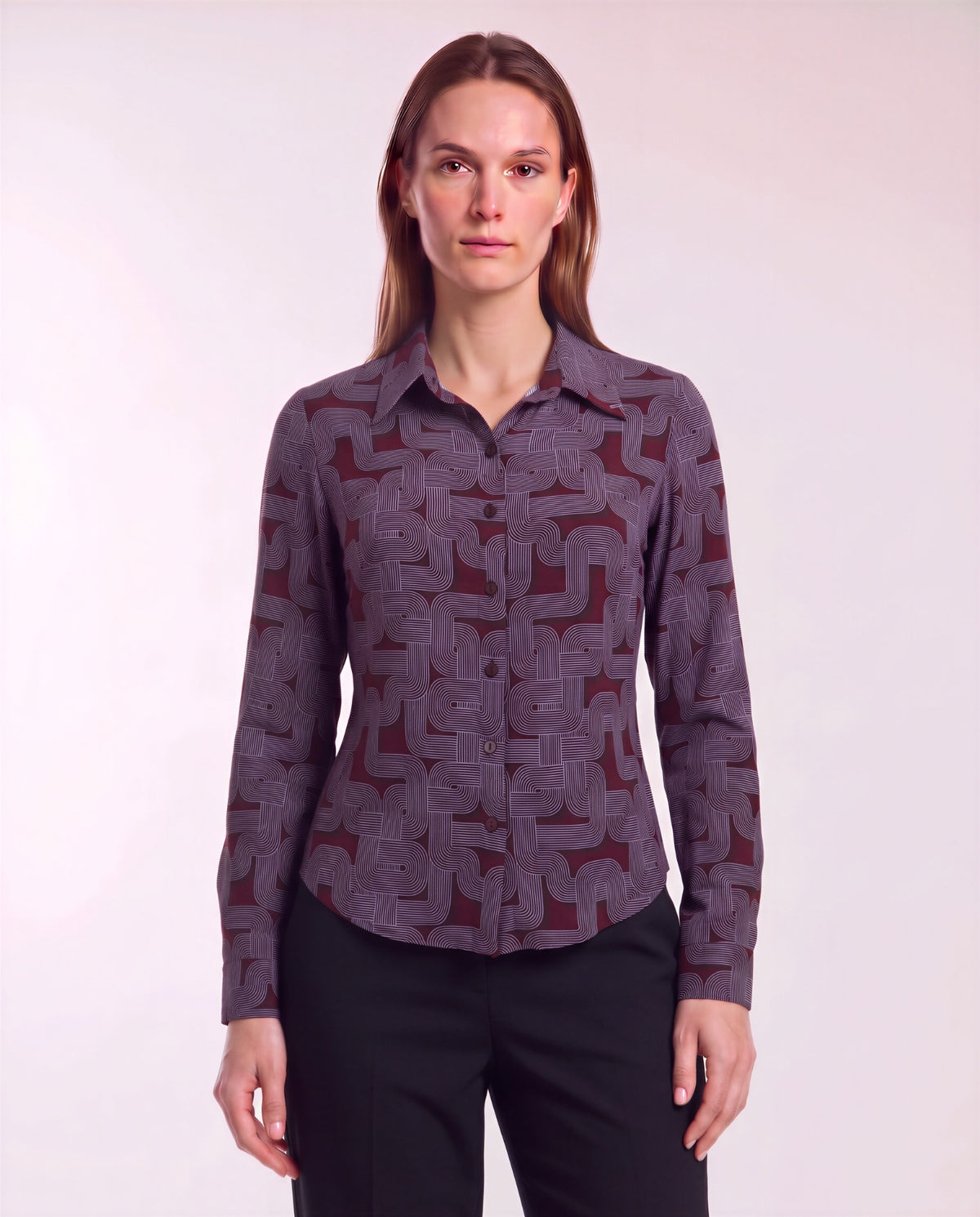 SUTTON BLONS GEO PORT WOMEN'S STRETCH SILK LONG-SLEEVE SHIRT