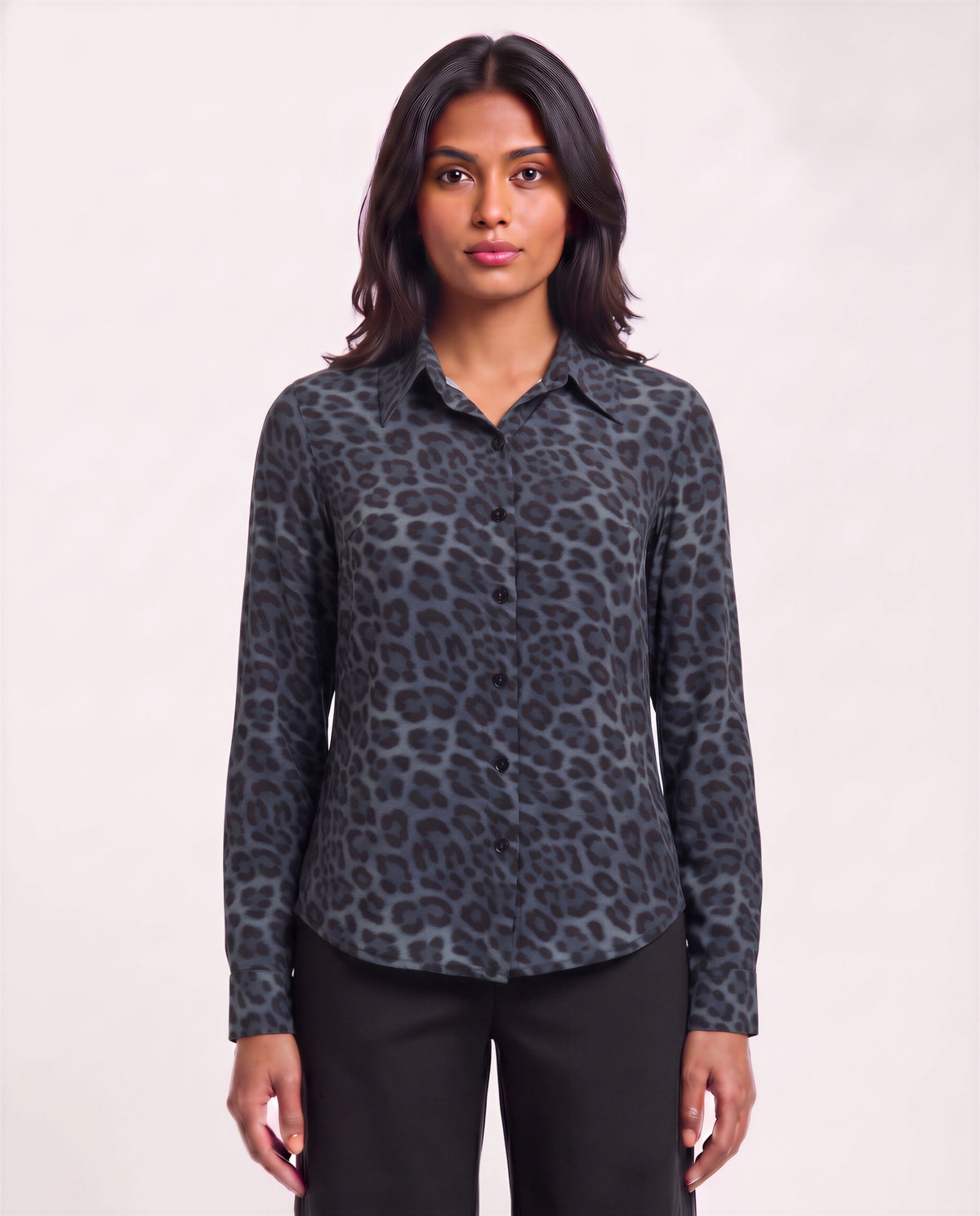 SUTTON LEOPARD SMOKE WOMEN'S STRETCH SILK LONG-SLEEVE SHIRT