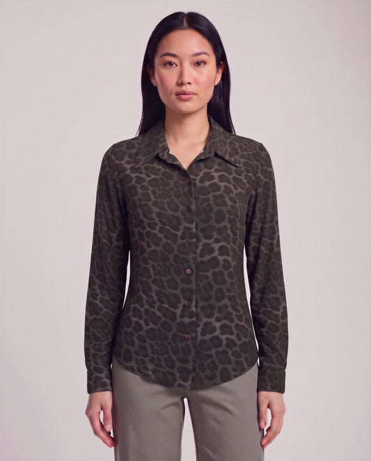 SUTTON LEOPARD BROWNIE WOMEN'S STRETCH SILK LONG-SLEEVE SHIRT