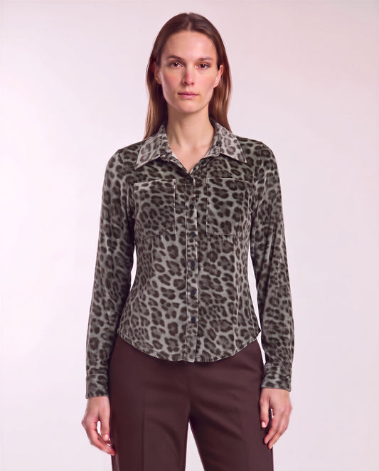 SYLVIA LEOPARD SAGE WOMEN'S VELVET LONG-SLEEVE SHIRT