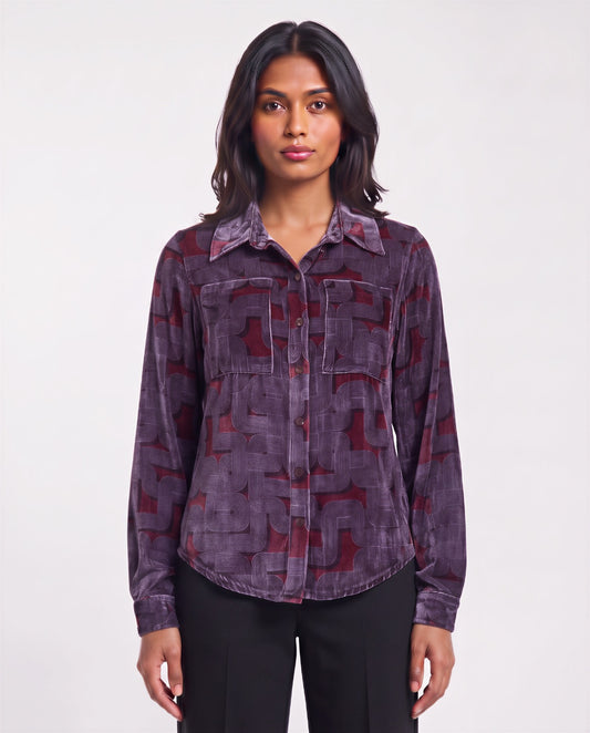 SYLVIA BLONS GEO PORT WOMEN'S VELVET LONG-SLEEVE SHIRT
