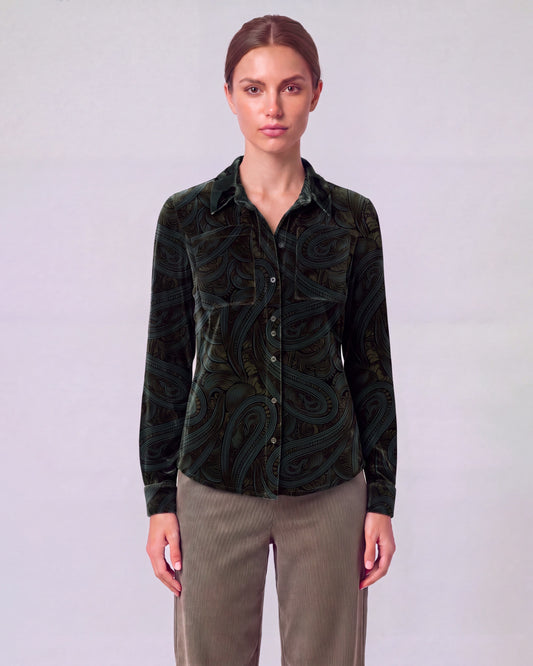 SYLVIA PAISLEY BADALONA BROWNIE WOMEN'S VELVET LONG-SLEEVE SHIRT