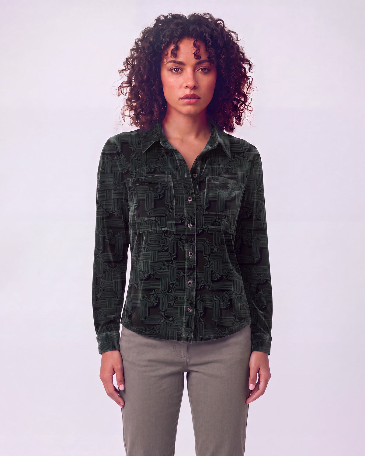 SYLVIA BLONS GEO BLACK WOMEN'S VELVET LONG-SLEEVE SHIRT