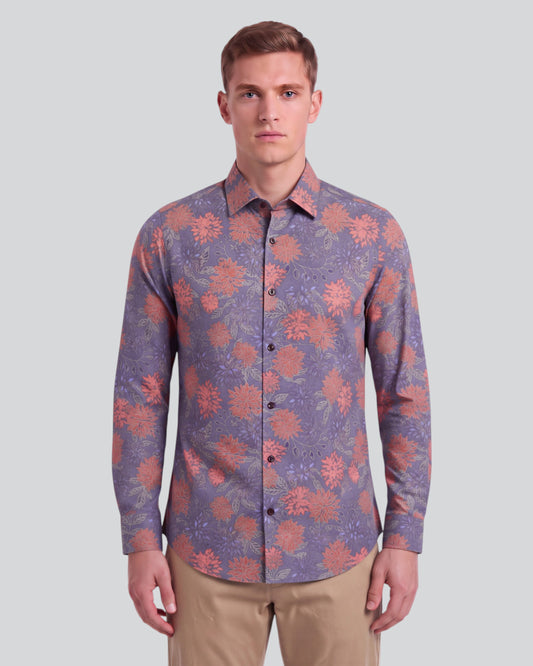 NICOLI ICE FLORAL AUBERGINE MEN'S PRINTED COTTON LONG-SLEEVE SHIRT